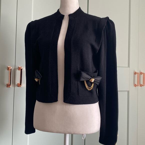 Vintage St John Pearl Rhinestone Gold Chain Bow detail Santana Knit Sz Small - Picture 1 of 14